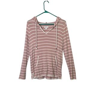 MARKET & SPRUCE PINK STRIPE LONG SLEEVE HOODED SHIRT KANGAROO POCKETS MEDIUM